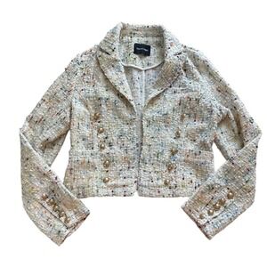 Dolce Cabo Womens Double Breasted Tweed Cropped Multi Blazer Gold Buttons Small